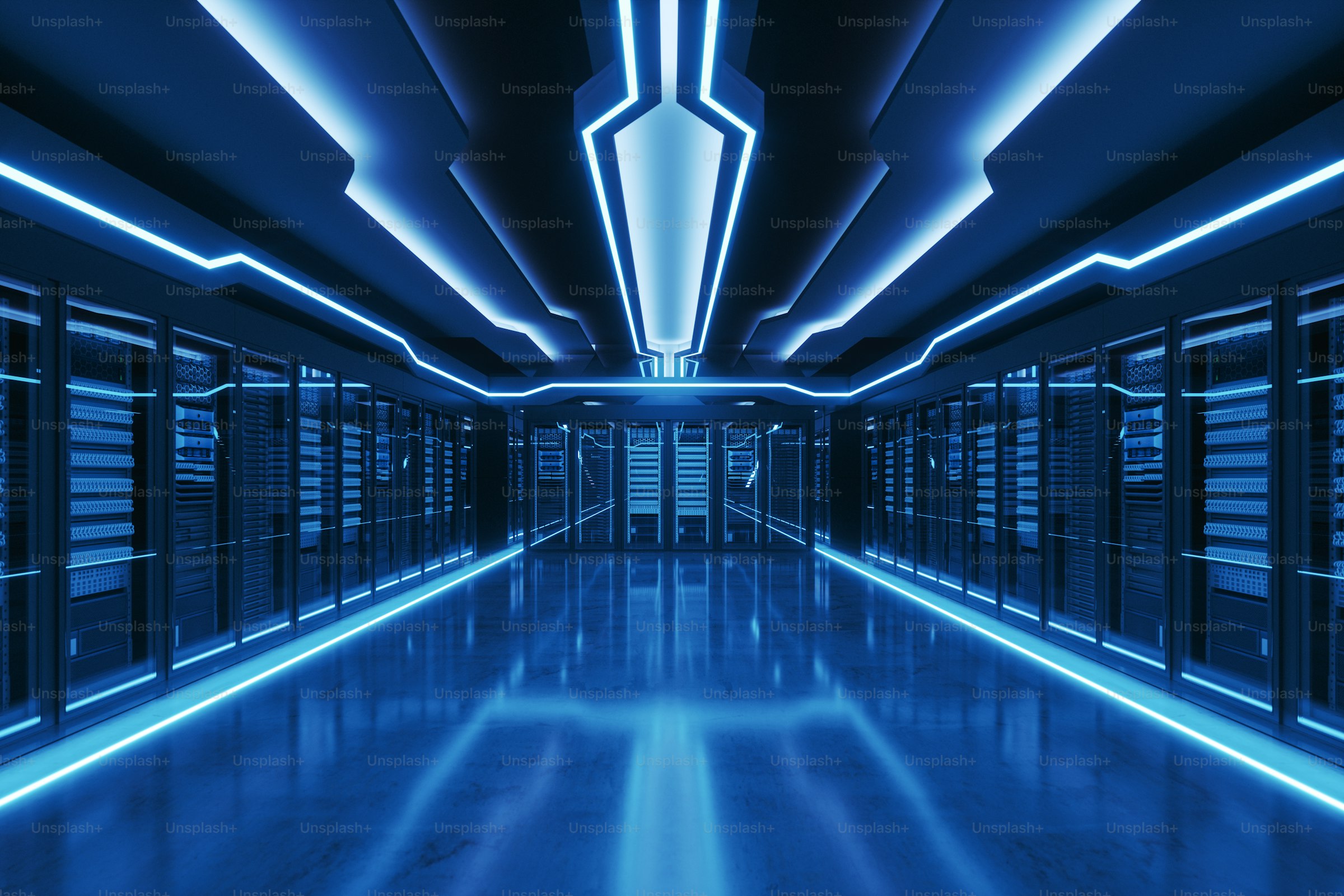 AI data center server racks with blue lighting